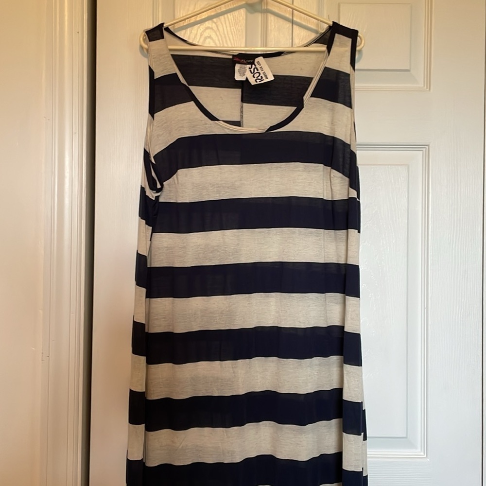 NWT Women’s 2X Ultra Flirt Plus Navy/White Striped Maxi Tank Dress sheer